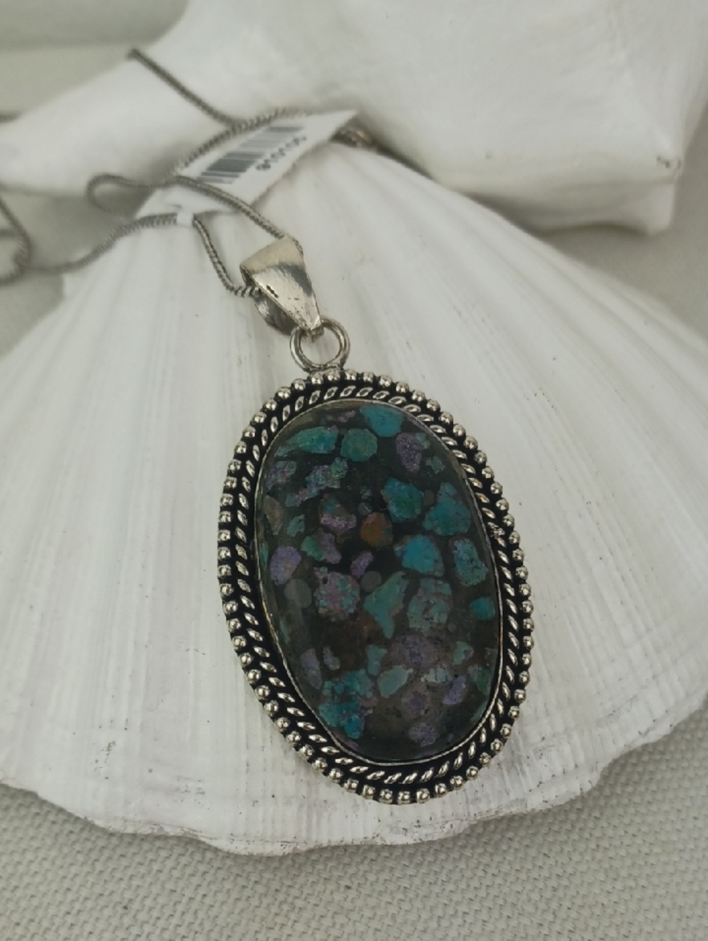 Sterling Silver Black Turquoise Purple Terrazo Mosaic Stone Pendant Necklace - Picture 8 of 10
